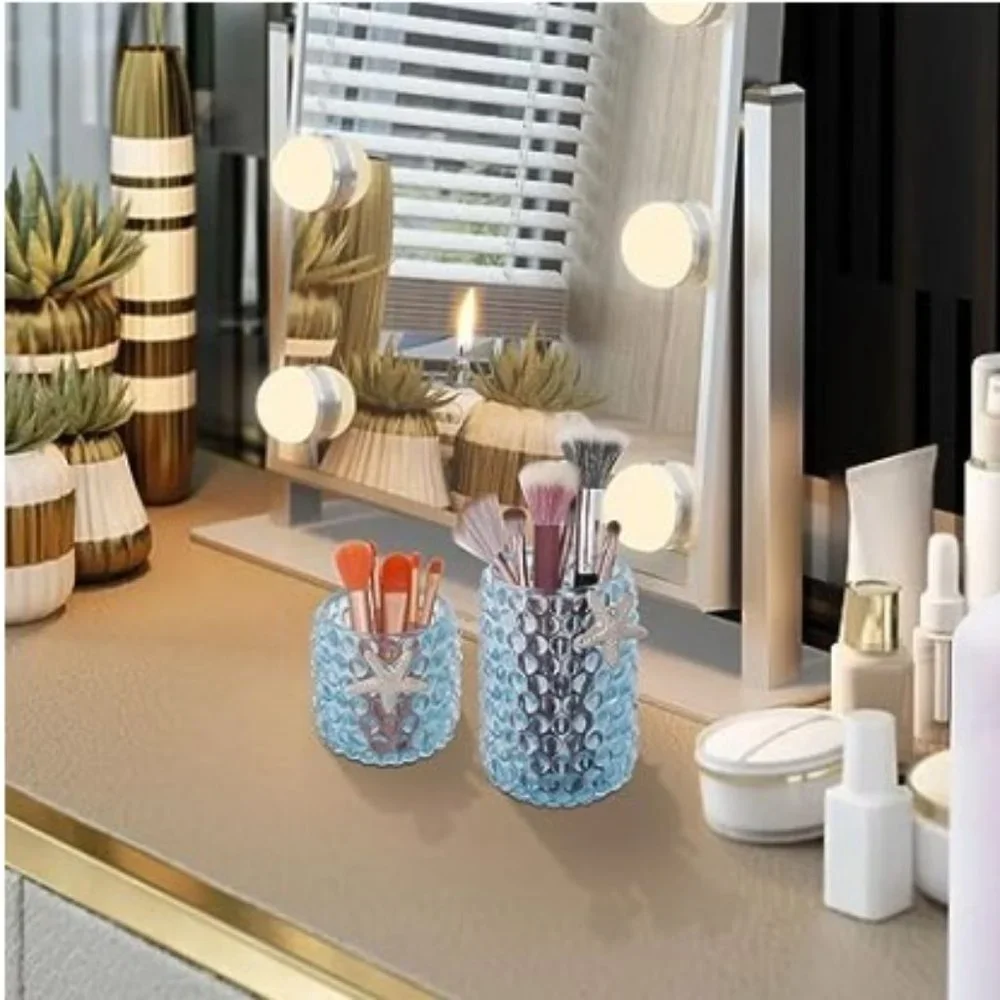 2 pc / 2 sizes - Glass Make-up Brush Organizer / Vases  (Blue w/ Starfish)
